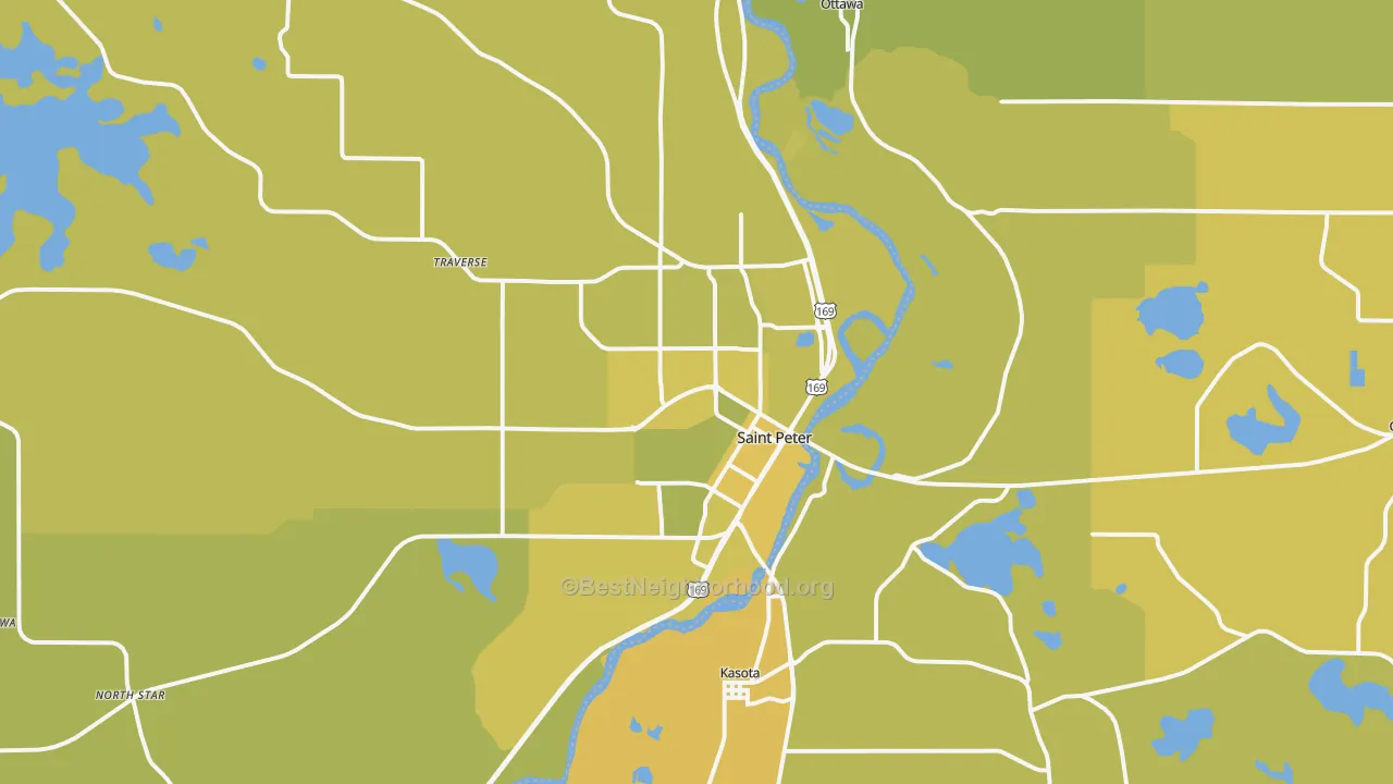 Map of the best neighborhoods in the 56082 area, with better matches in green and worse matches in red