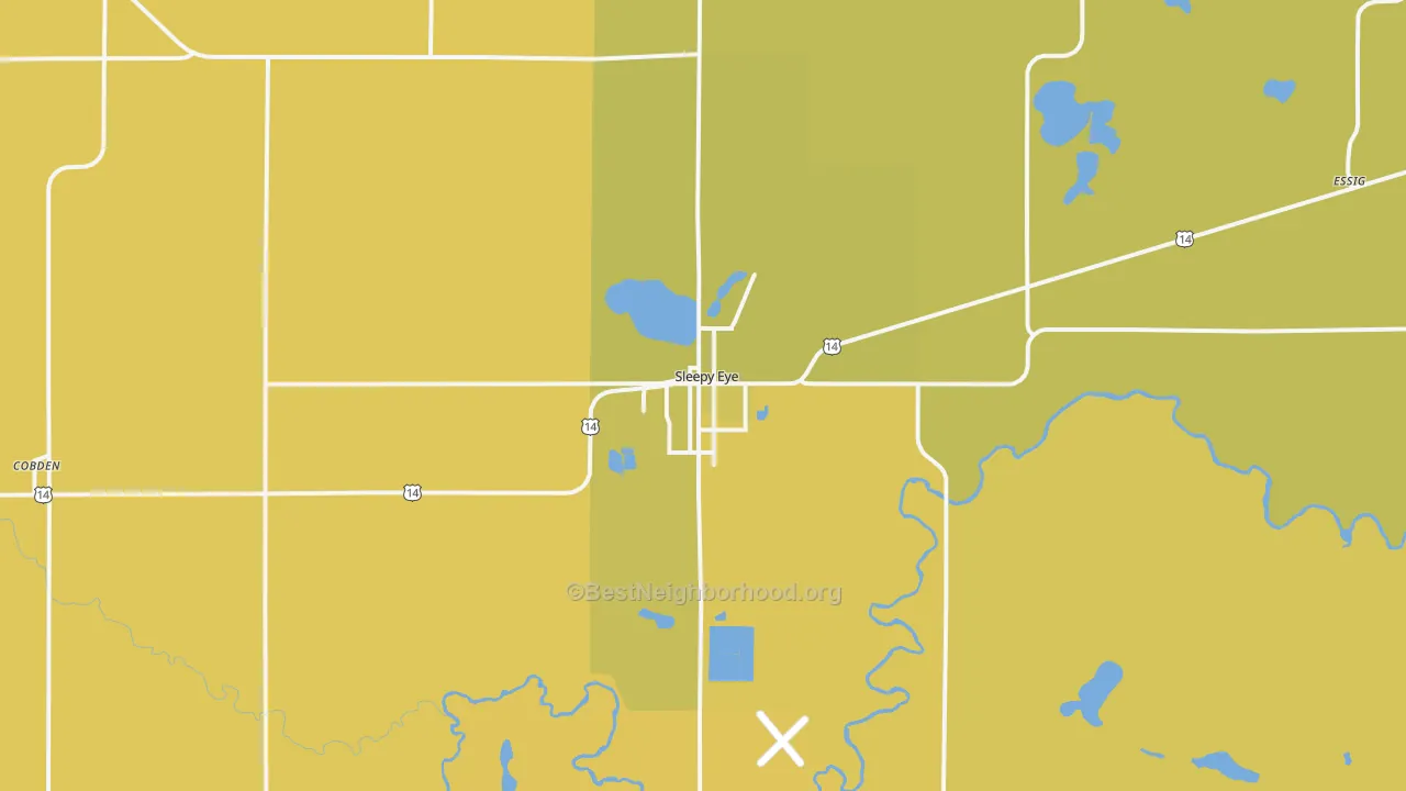 Map of the best neighborhoods in the 56085 area, with better matches in green and worse matches in red