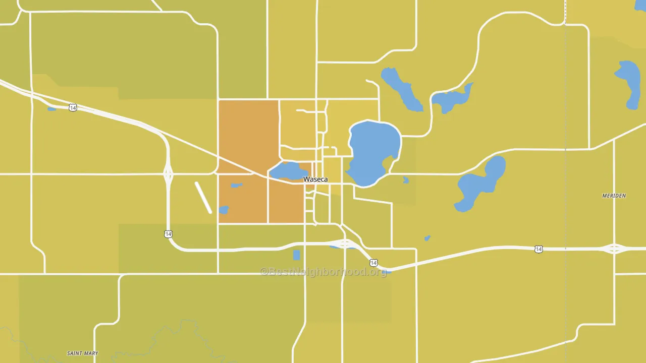 Map of the best neighborhoods in the 56093 area, with better matches in green and worse matches in red