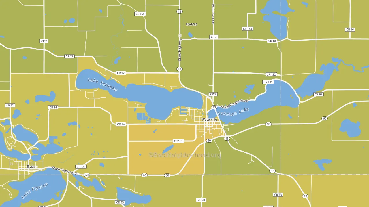 Map of the best neighborhoods in the 56096 area, with better matches in green and worse matches in red