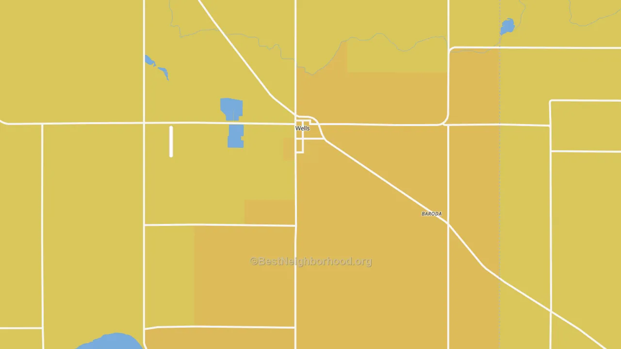Map of the best neighborhoods in the 56097 area, with better matches in green and worse matches in red