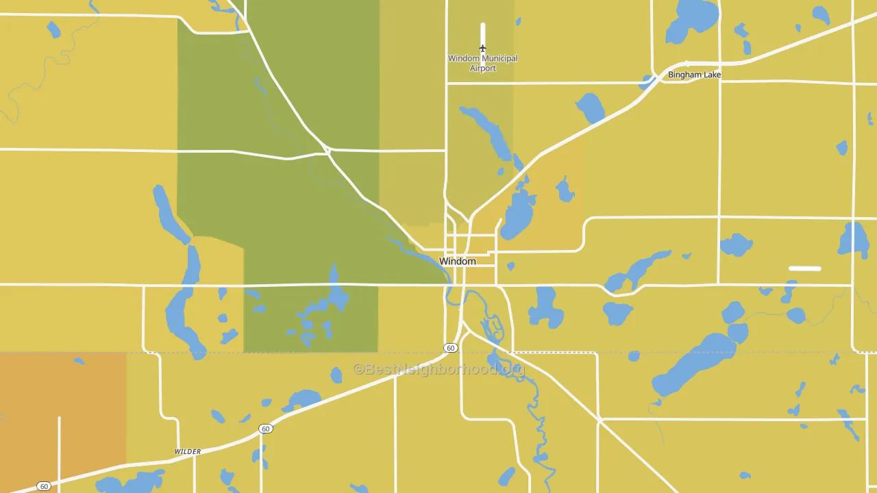 Map of the best neighborhoods in the 56101 area, with better matches in green and worse matches in red
