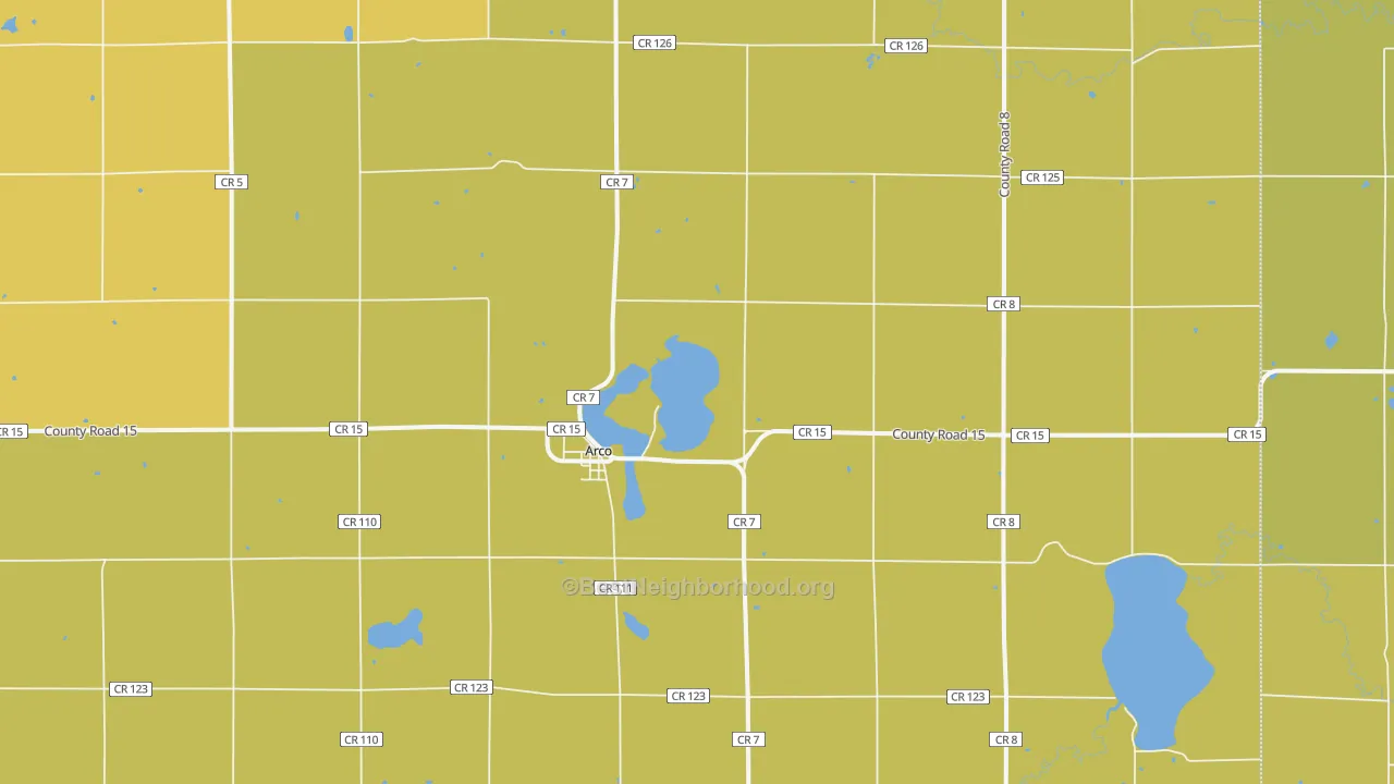 Map of the best neighborhoods in the 56113 area, with better matches in green and worse matches in red