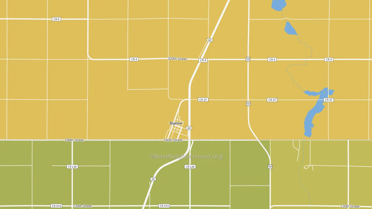 Map of the best neighborhoods in the 56117 area, with better matches in green and worse matches in red
