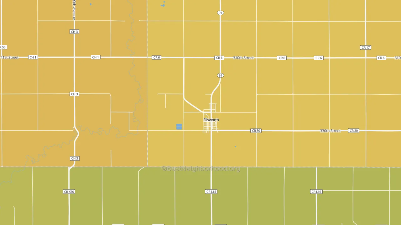 Map of the best neighborhoods in the 56129 area, with better matches in green and worse matches in red