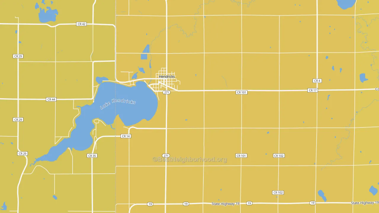 Map of the best neighborhoods in the 56136 area, with better matches in green and worse matches in red