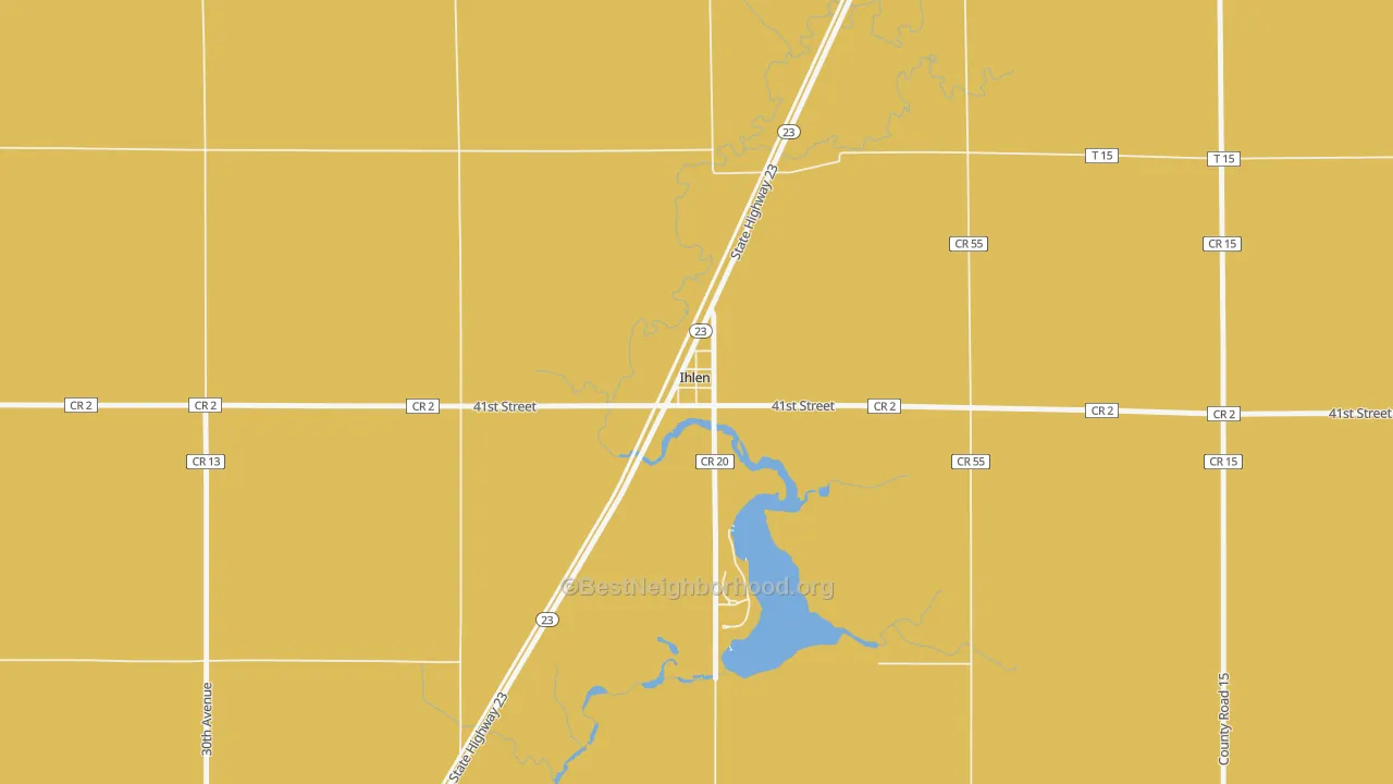 Map of the best neighborhoods in the 56140 area, with better matches in green and worse matches in red