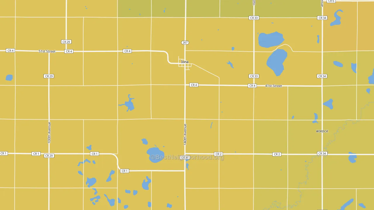 Map of the best neighborhoods in the 56141 area, with better matches in green and worse matches in red