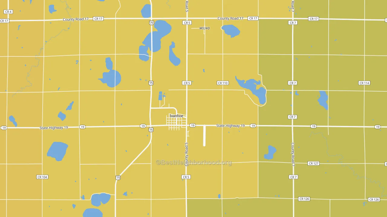 Map of the best neighborhoods in the 56142 area, with better matches in green and worse matches in red