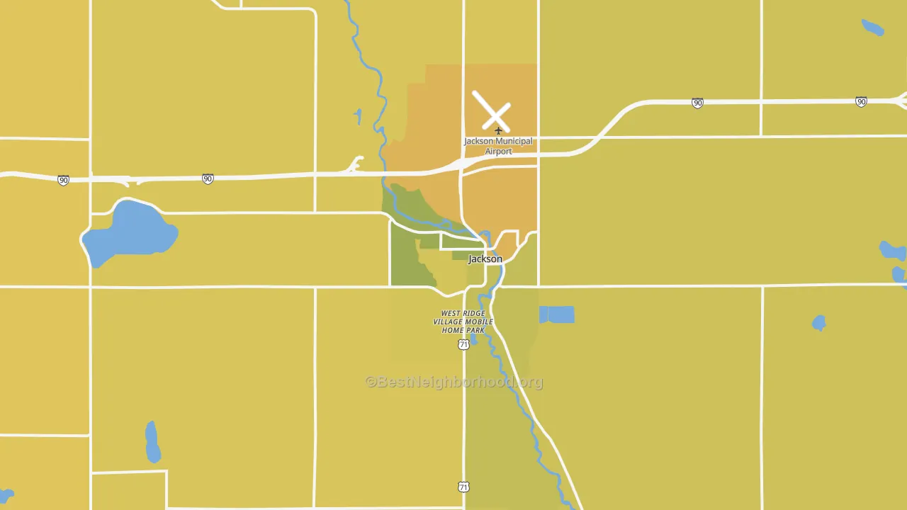 Map of the best neighborhoods in the 56143 area, with better matches in green and worse matches in red