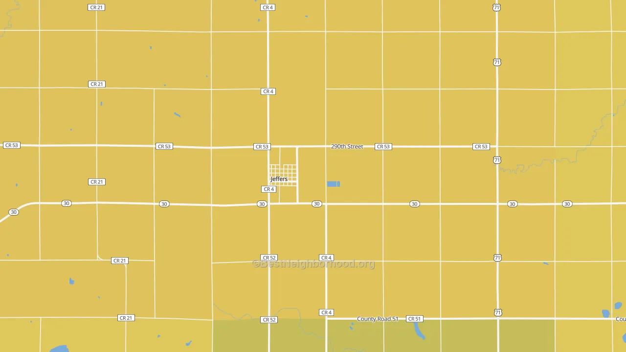 Map of the best neighborhoods in the 56145 area, with better matches in green and worse matches in red