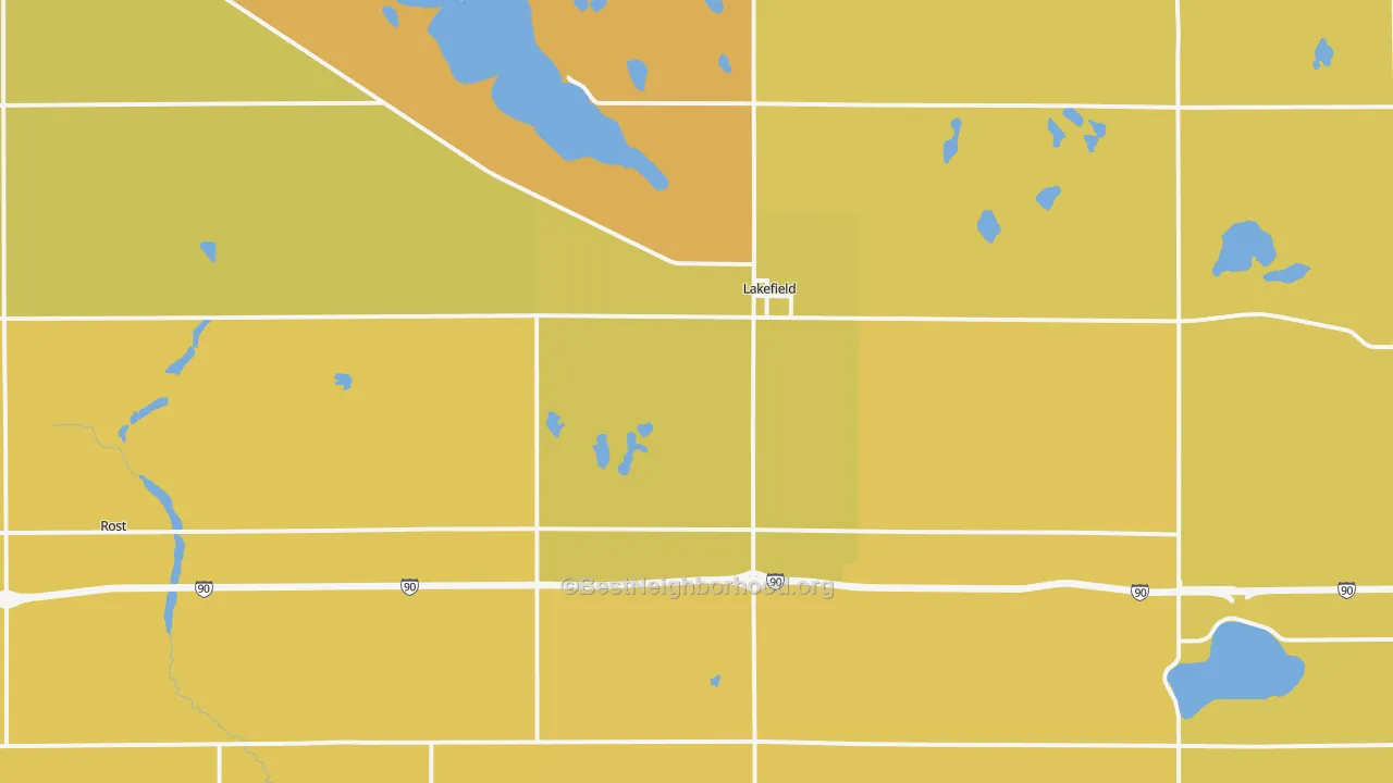 Map of the best neighborhoods in the 56150 area, with better matches in green and worse matches in red