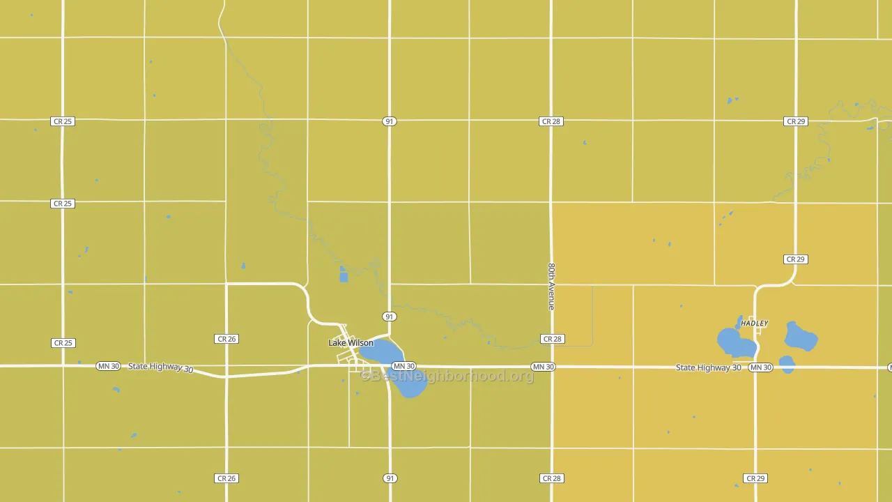 Map of the best neighborhoods in the 56151 area, with better matches in green and worse matches in red