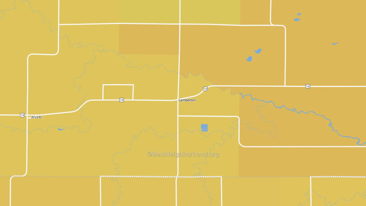 Map of the best neighborhoods in the 56152 area, with better matches in green and worse matches in red
