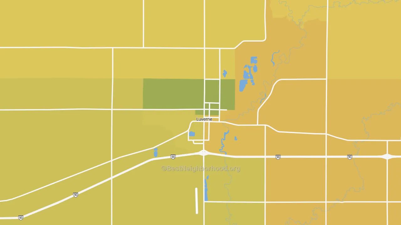 Map of the best neighborhoods in the 56156 area, with better matches in green and worse matches in red