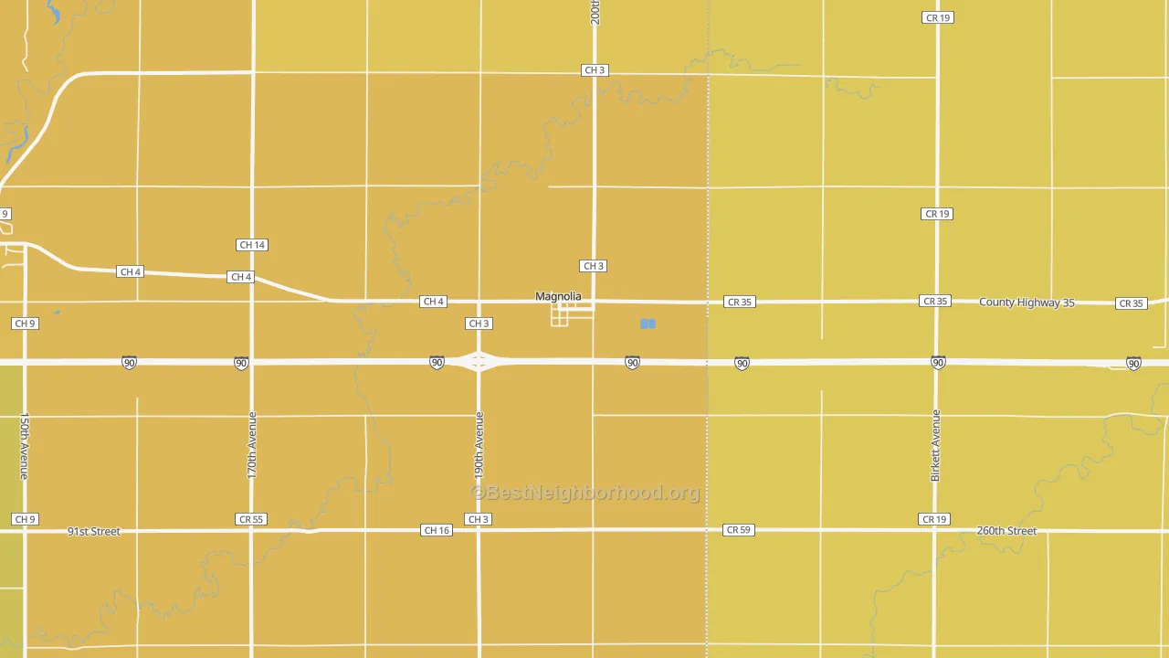 Map of the best neighborhoods in the 56158 area, with better matches in green and worse matches in red
