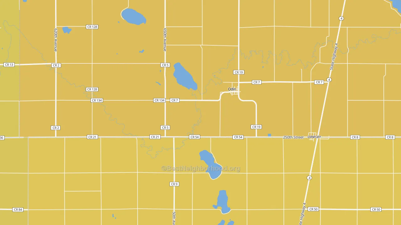 Map of the best neighborhoods in the 56160 area, with better matches in green and worse matches in red