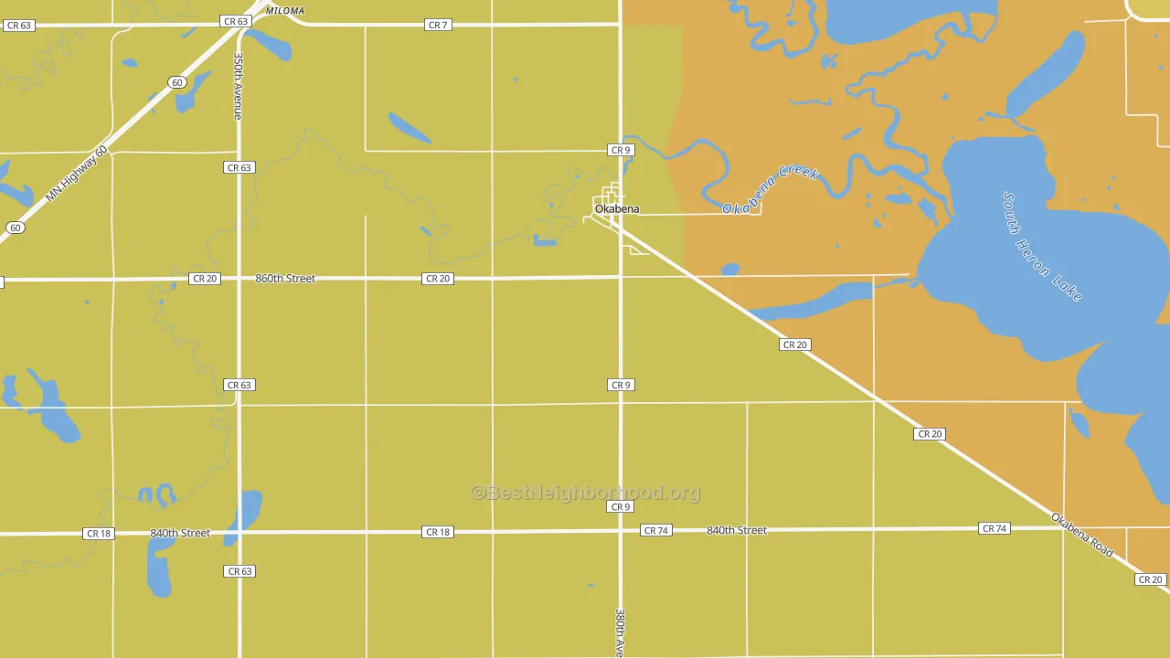 Map of the best neighborhoods in the 56161 area, with better matches in green and worse matches in red