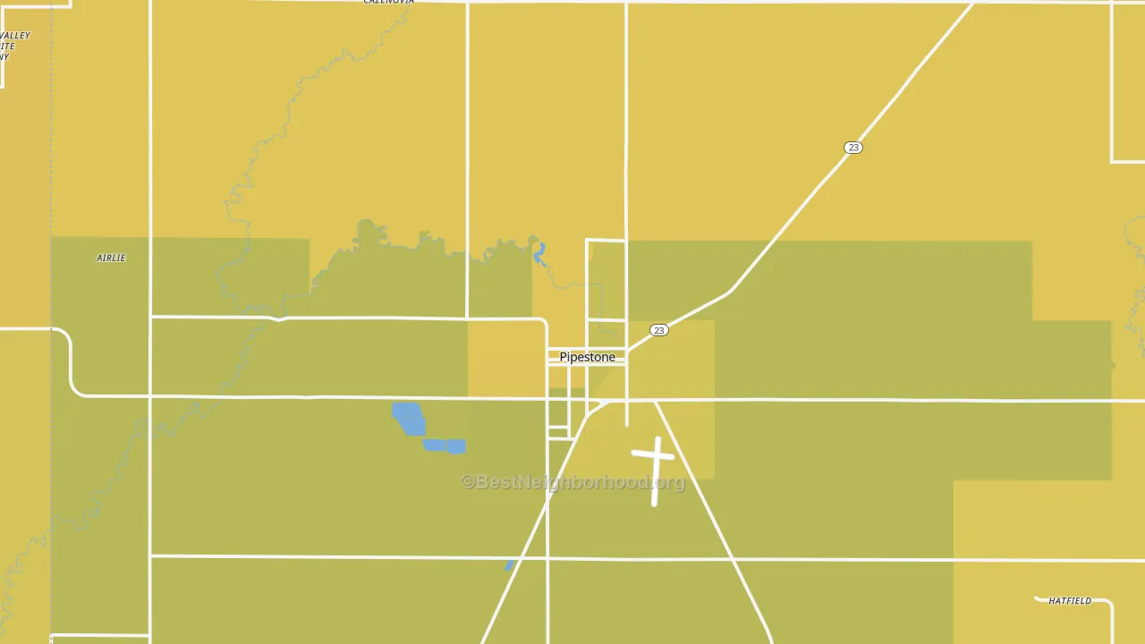 Map of the best neighborhoods in the 56164 area, with better matches in green and worse matches in red