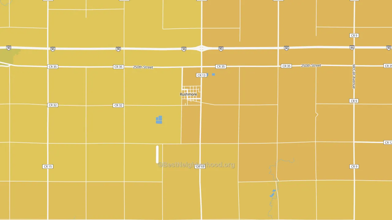 Map of the best neighborhoods in the 56168 area, with better matches in green and worse matches in red