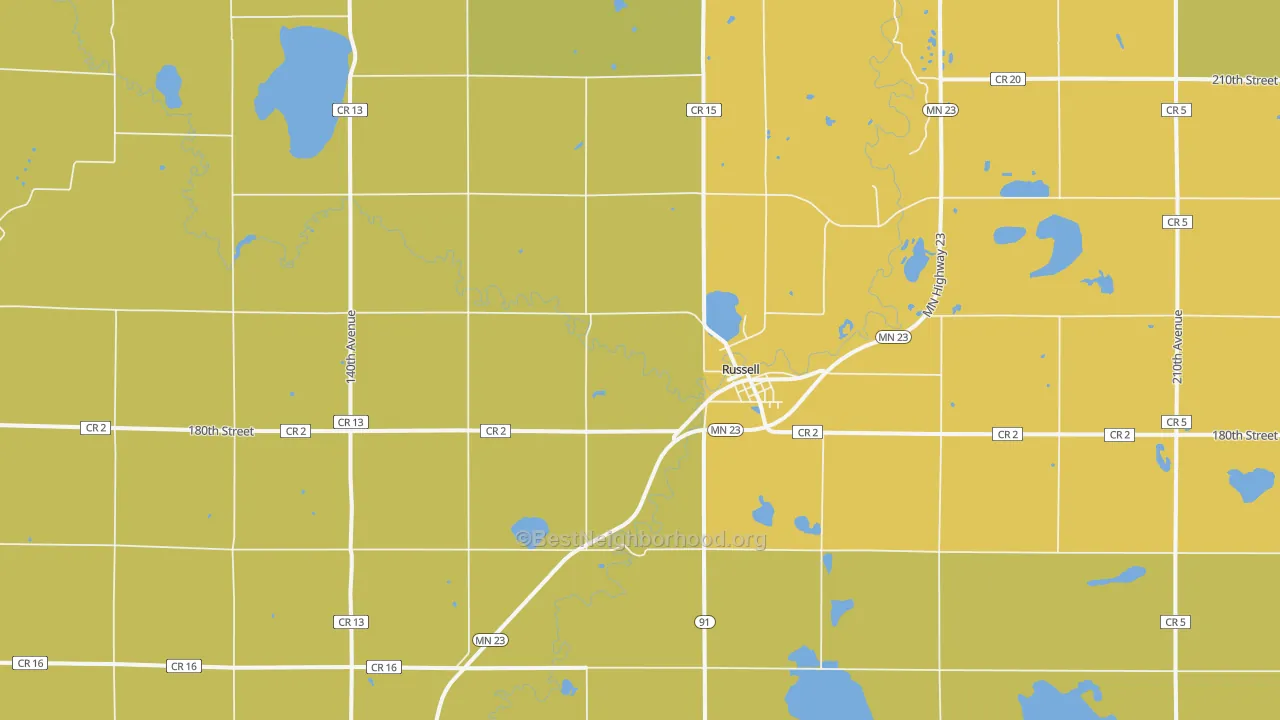 Map of the best neighborhoods in the 56169 area, with better matches in green and worse matches in red