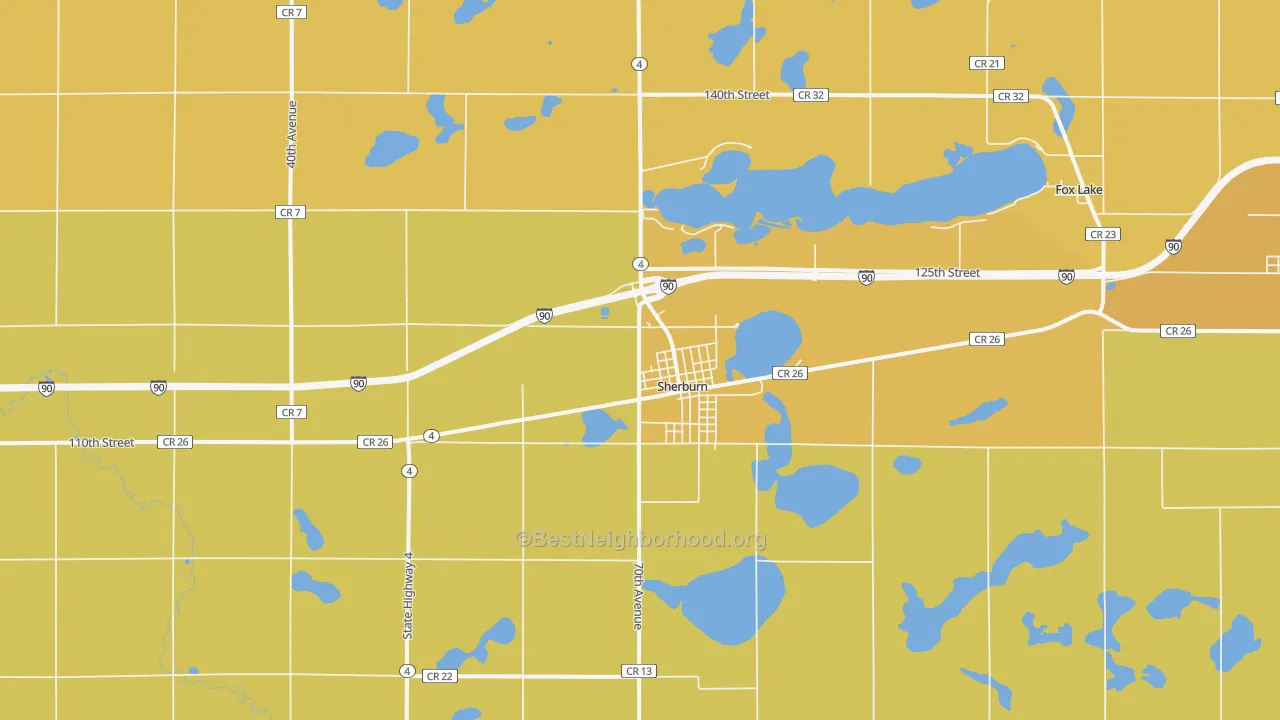Map of the best neighborhoods in the 56171 area, with better matches in green and worse matches in red
