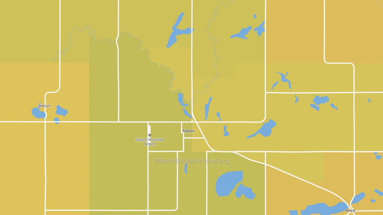 Map of the best neighborhoods in the 56172 area, with better matches in green and worse matches in red