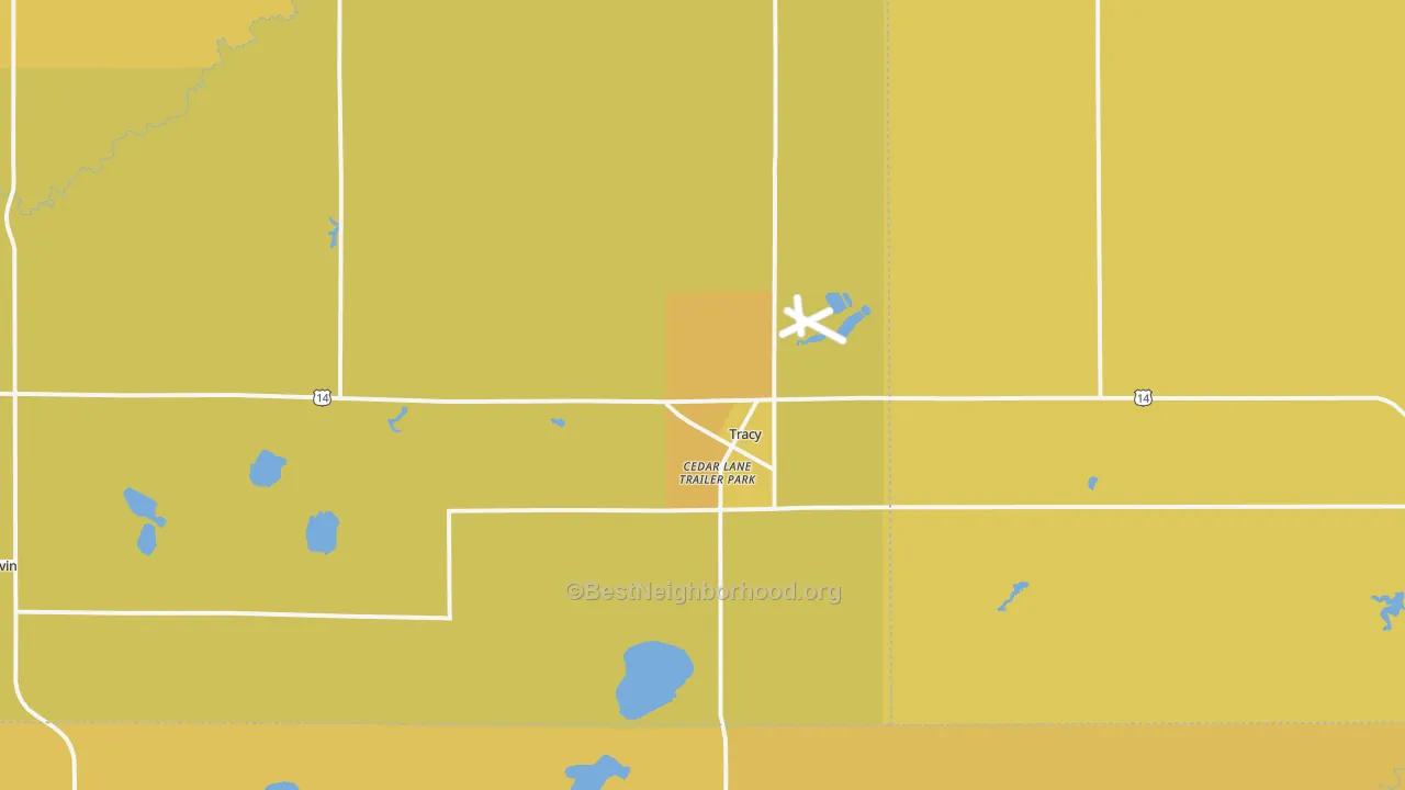 Map of the best neighborhoods in the 56175 area, with better matches in green and worse matches in red