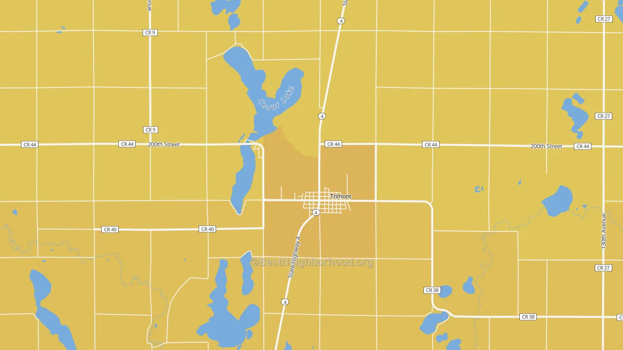 Map of the best neighborhoods in the 56176 area, with better matches in green and worse matches in red