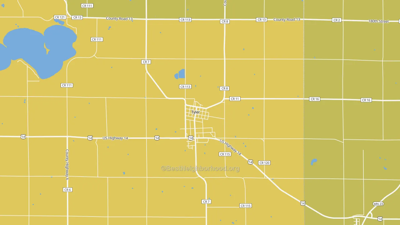 Map of the best neighborhoods in the 56178 area, with better matches in green and worse matches in red