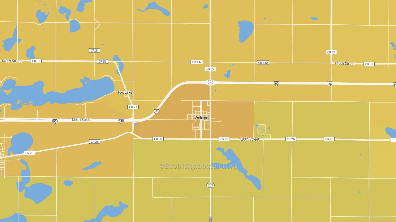 Map of the best neighborhoods in the 56181 area, with better matches in green and worse matches in red