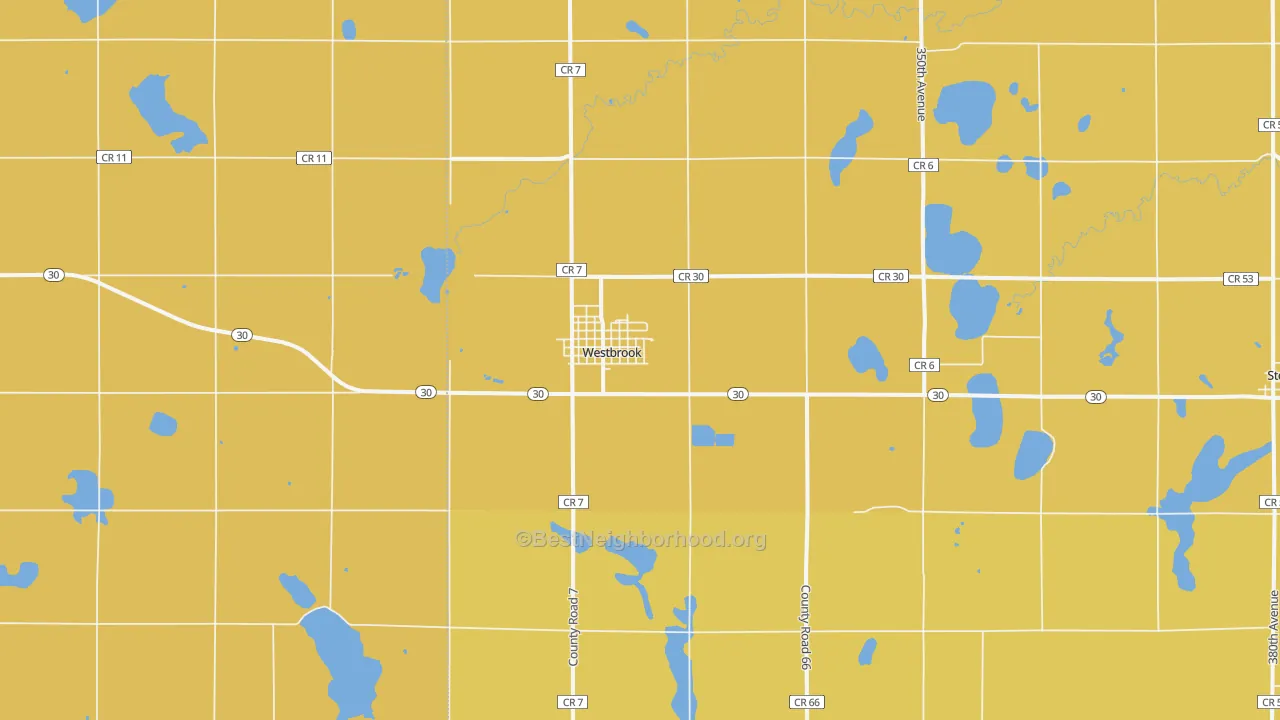 Map of the best neighborhoods in the 56183 area, with better matches in green and worse matches in red