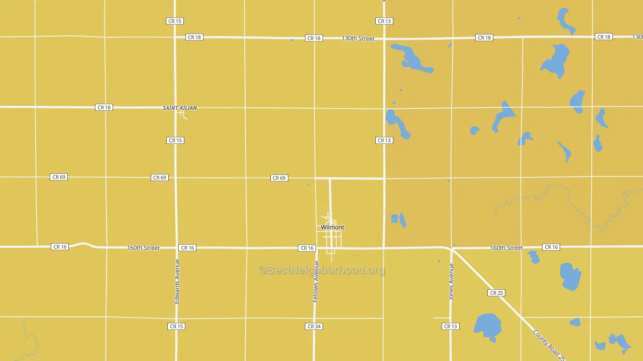 Map of the best neighborhoods in the 56185 area, with better matches in green and worse matches in red
