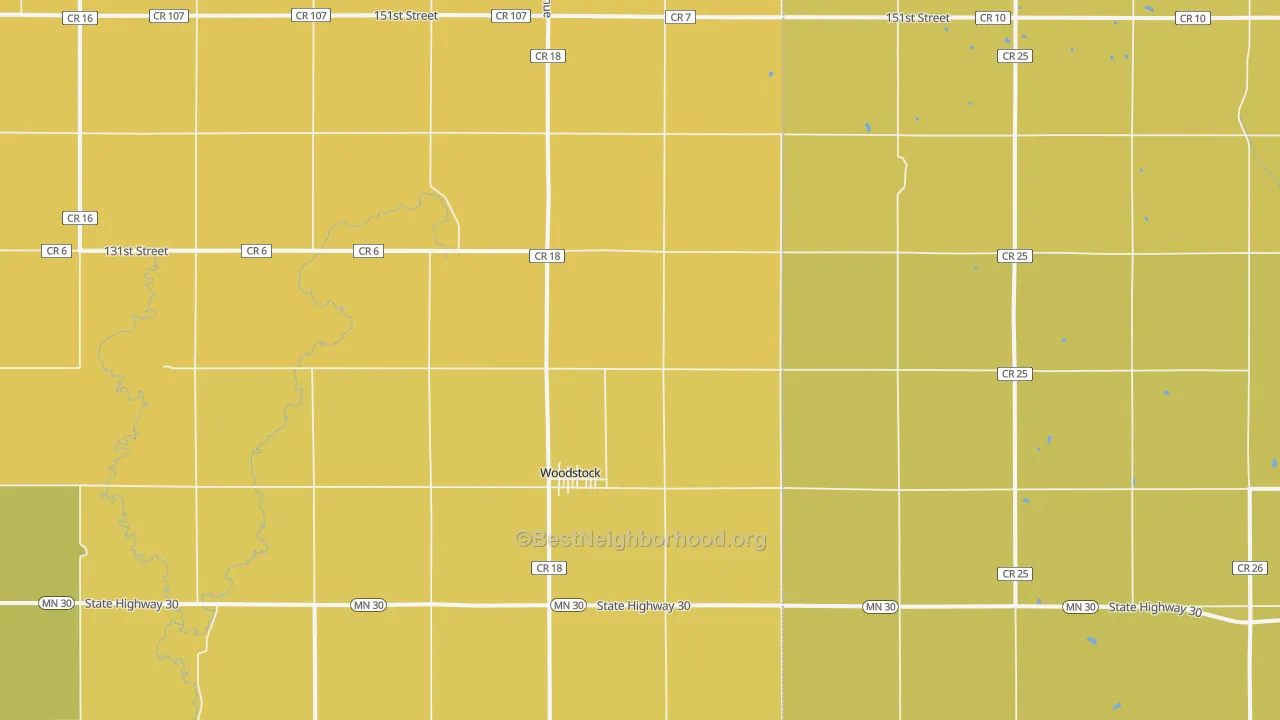 Map of the best neighborhoods in the 56186 area, with better matches in green and worse matches in red