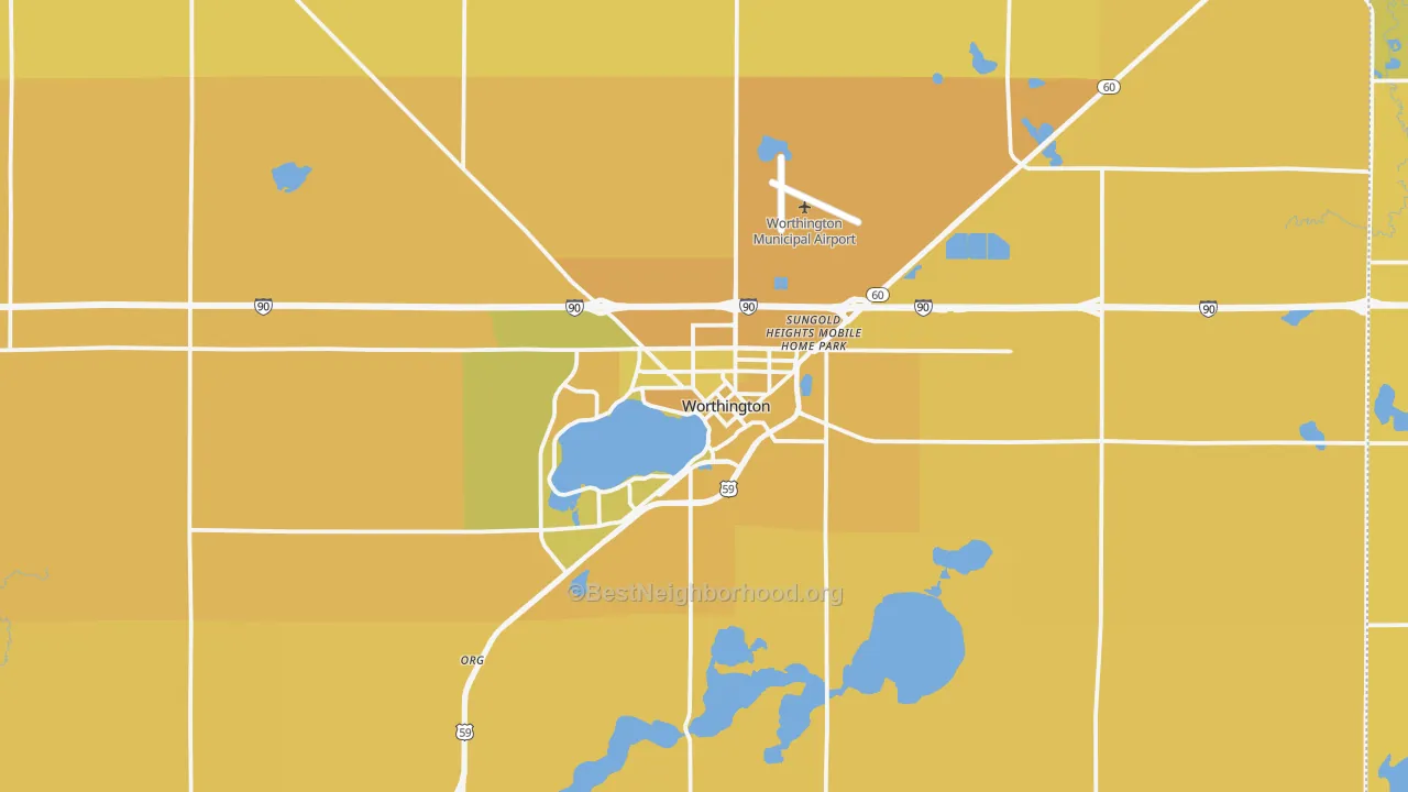 Map of the best neighborhoods in the 56187 area, with better matches in green and worse matches in red