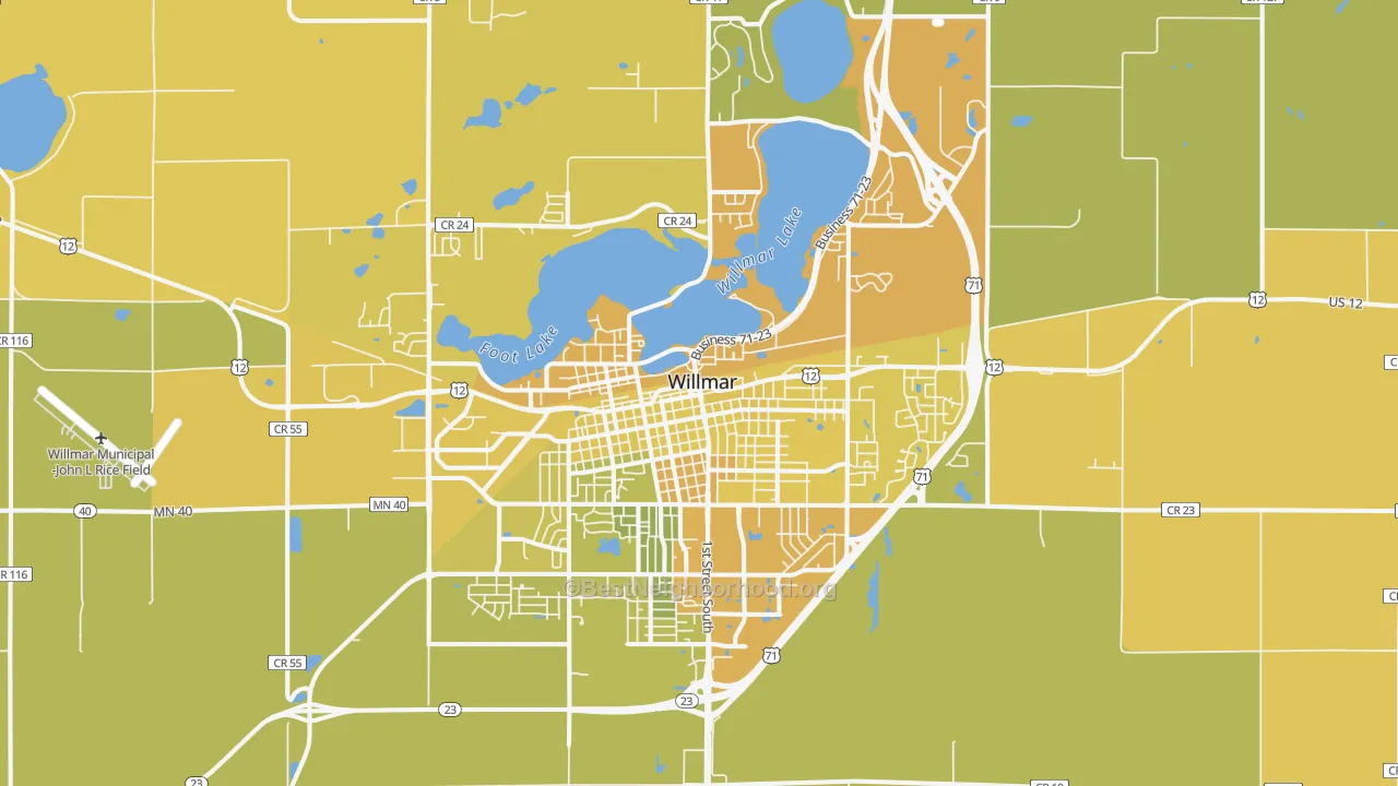 Map of the best neighborhoods in the 56201 area, with better matches in green and worse matches in red