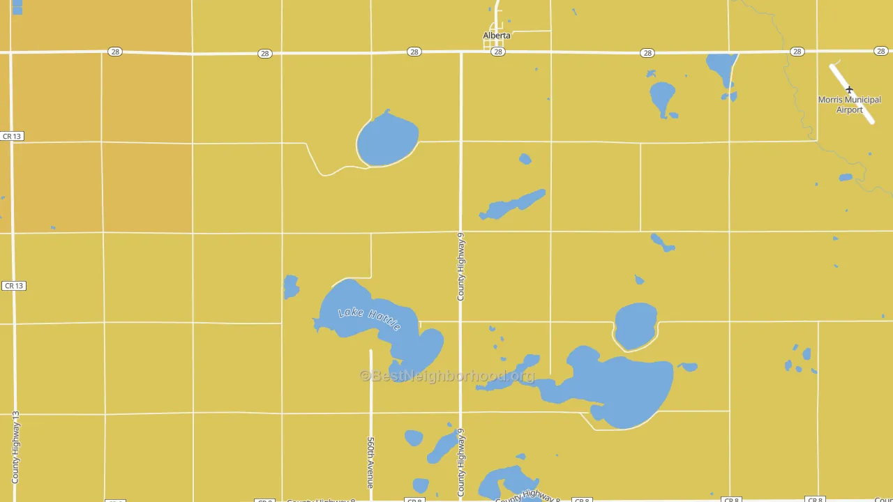 Map of the best neighborhoods in the 56207 area, with better matches in green and worse matches in red