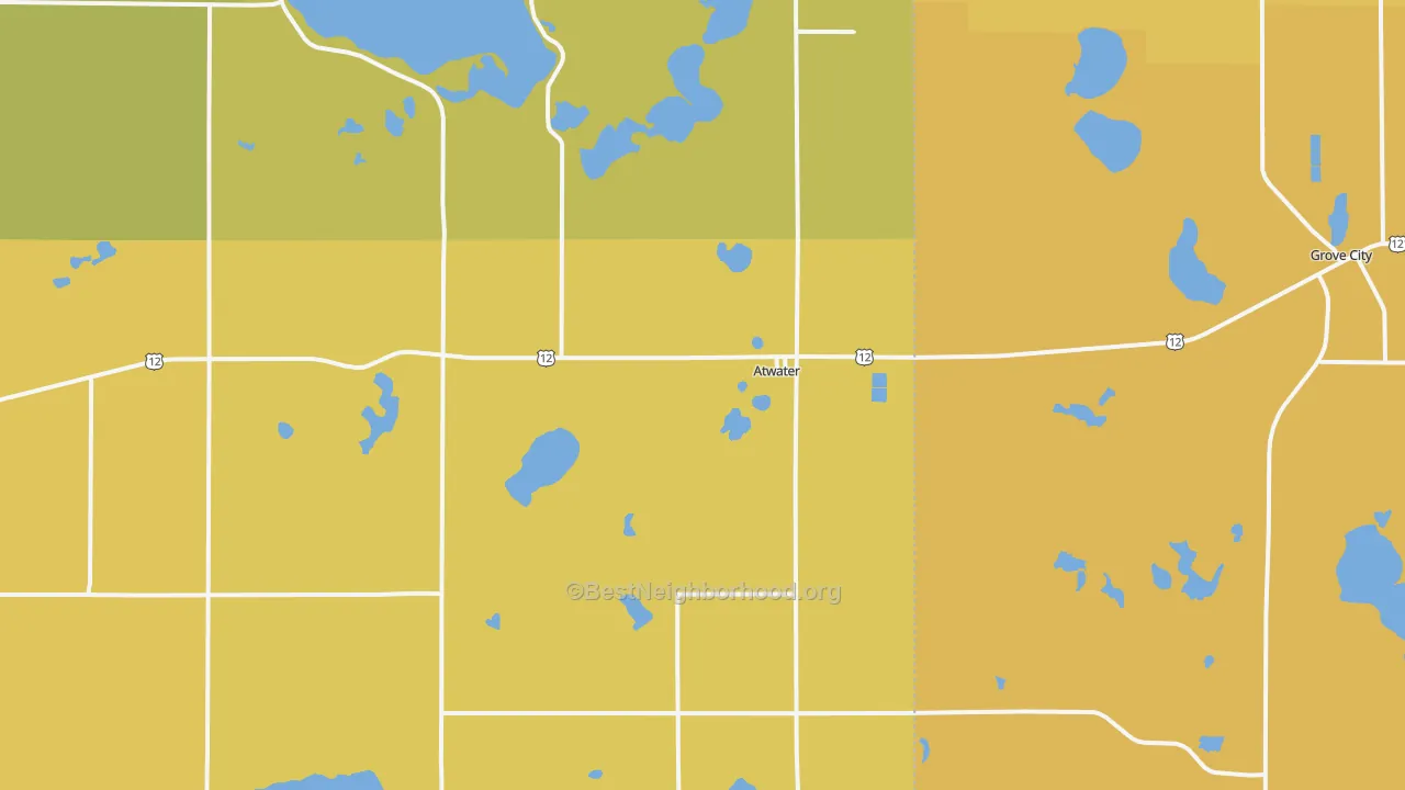 Map of the best neighborhoods in the 56209 area, with better matches in green and worse matches in red