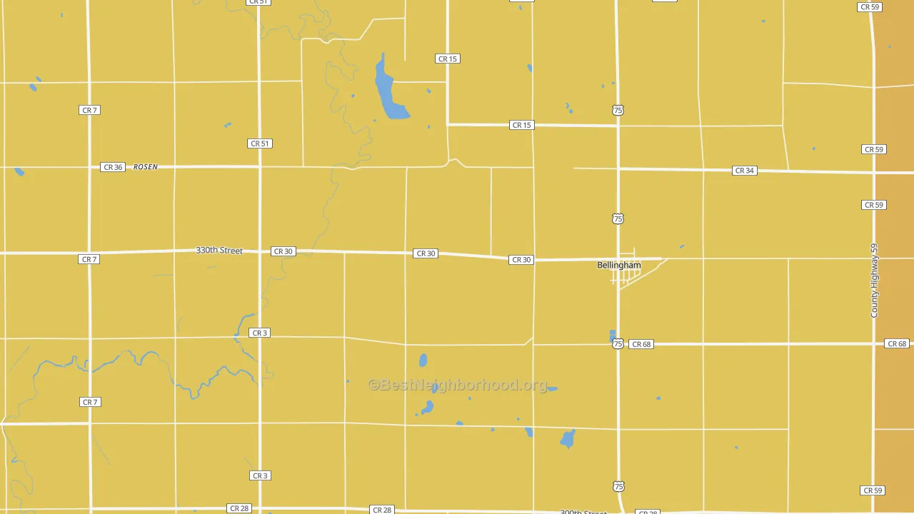 Map of the best neighborhoods in the 56212 area, with better matches in green and worse matches in red