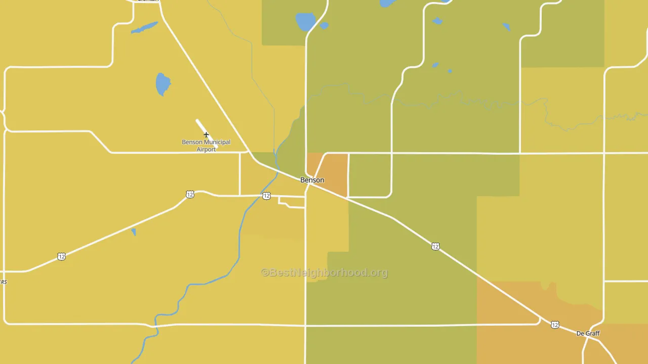 Map of the best neighborhoods in the 56215 area, with better matches in green and worse matches in red