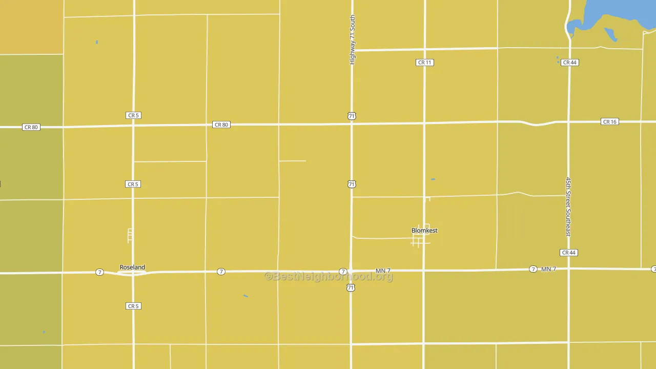 Map of the best neighborhoods in the 56216 area, with better matches in green and worse matches in red