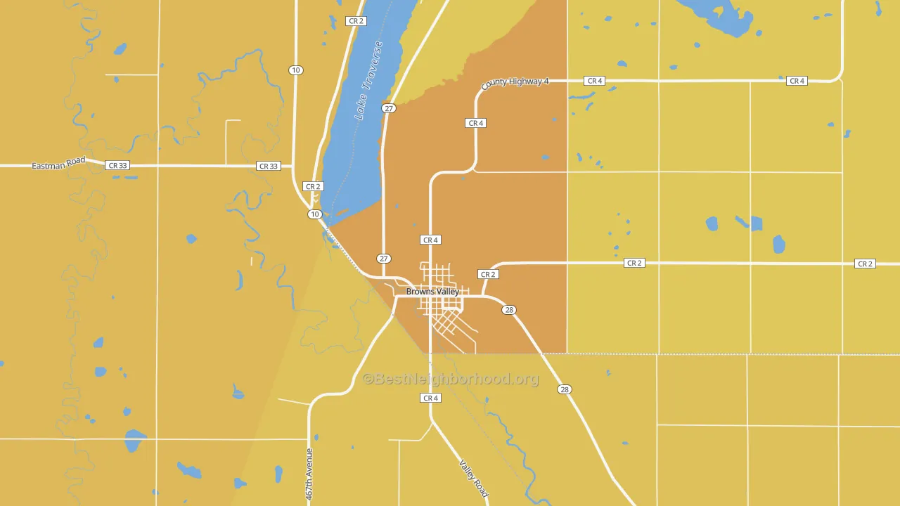 Map of the best neighborhoods in the 56219 area, with better matches in green and worse matches in red