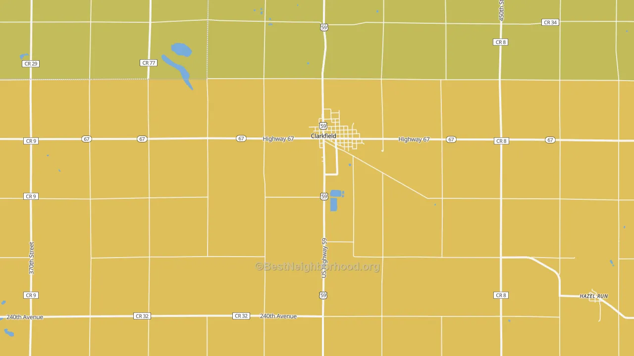 Map of the best neighborhoods in the 56223 area, with better matches in green and worse matches in red