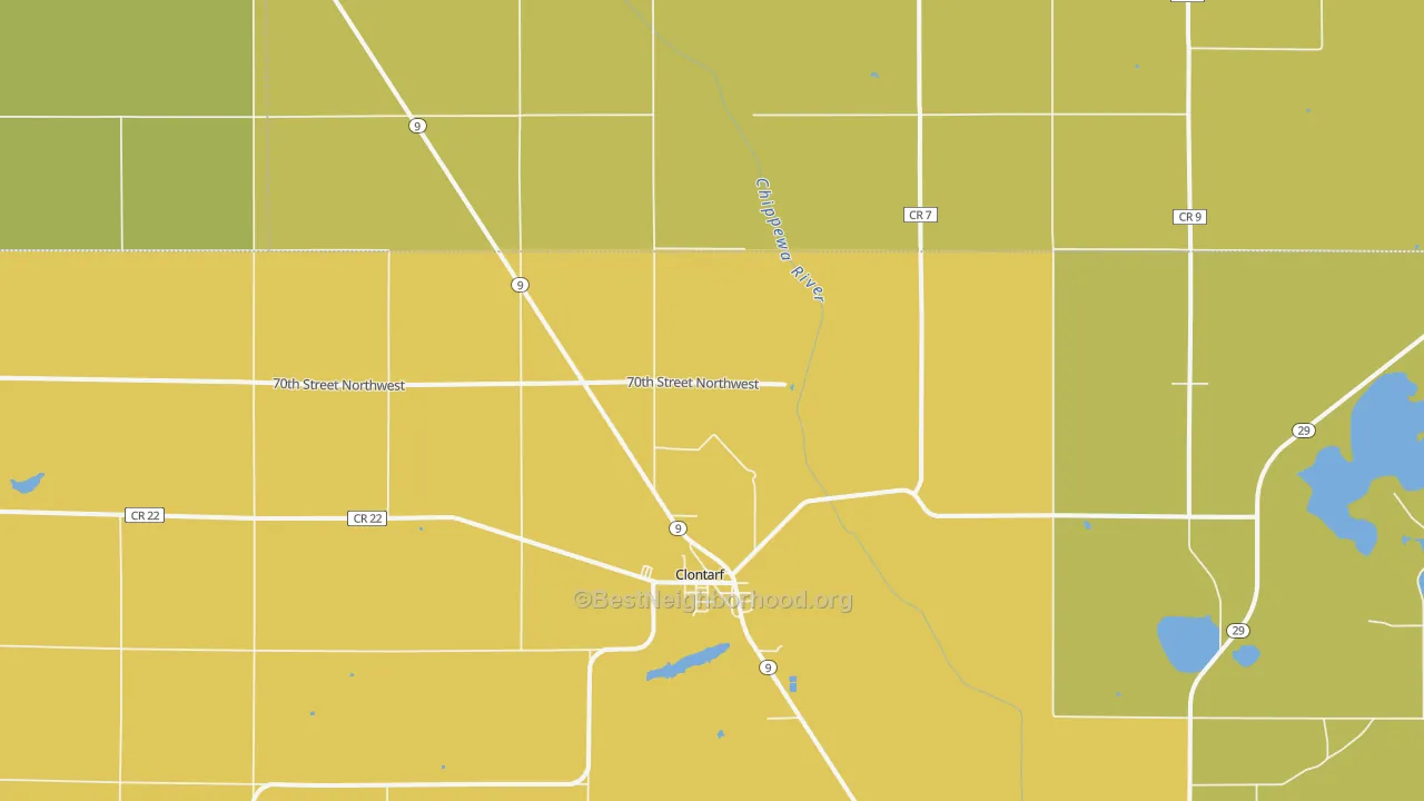 Map of the best neighborhoods in the 56226 area, with better matches in green and worse matches in red