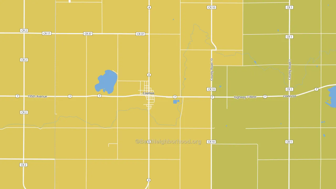 Map of the best neighborhoods in the 56228 area, with better matches in green and worse matches in red