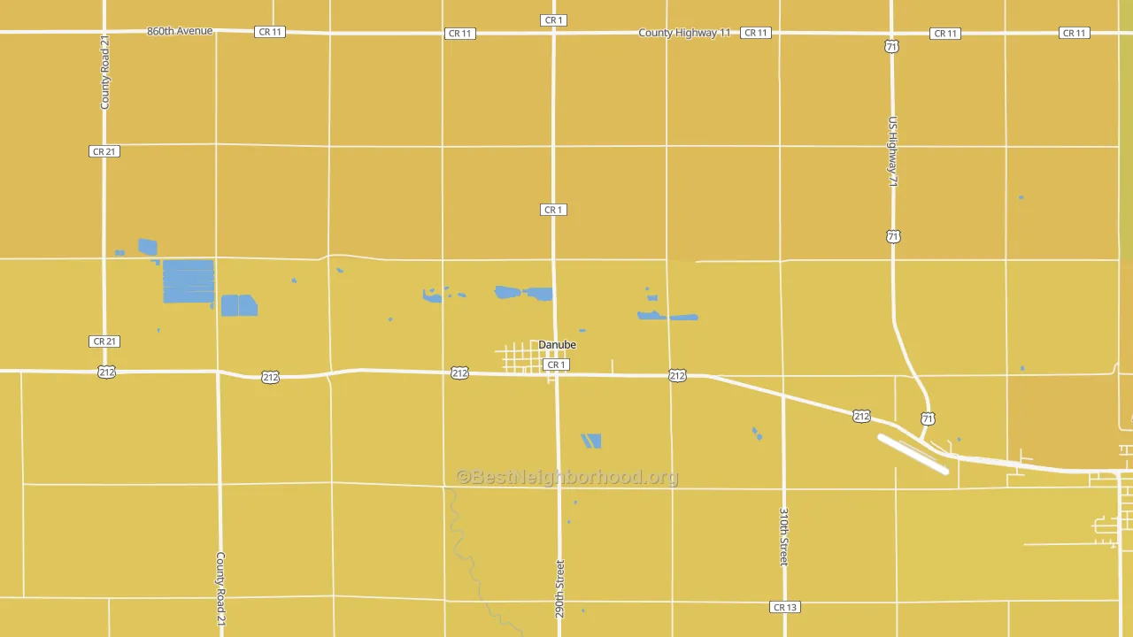 Map of the best neighborhoods in the 56230 area, with better matches in green and worse matches in red