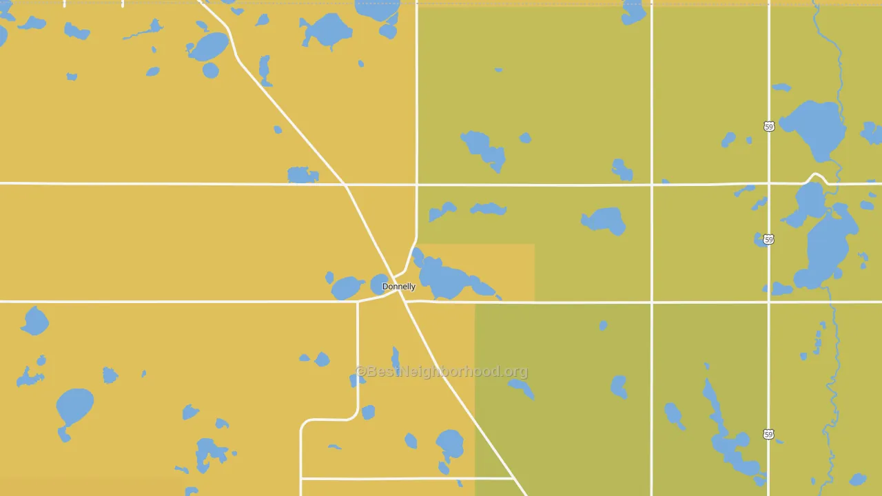 Map of the best neighborhoods in the 56235 area, with better matches in green and worse matches in red