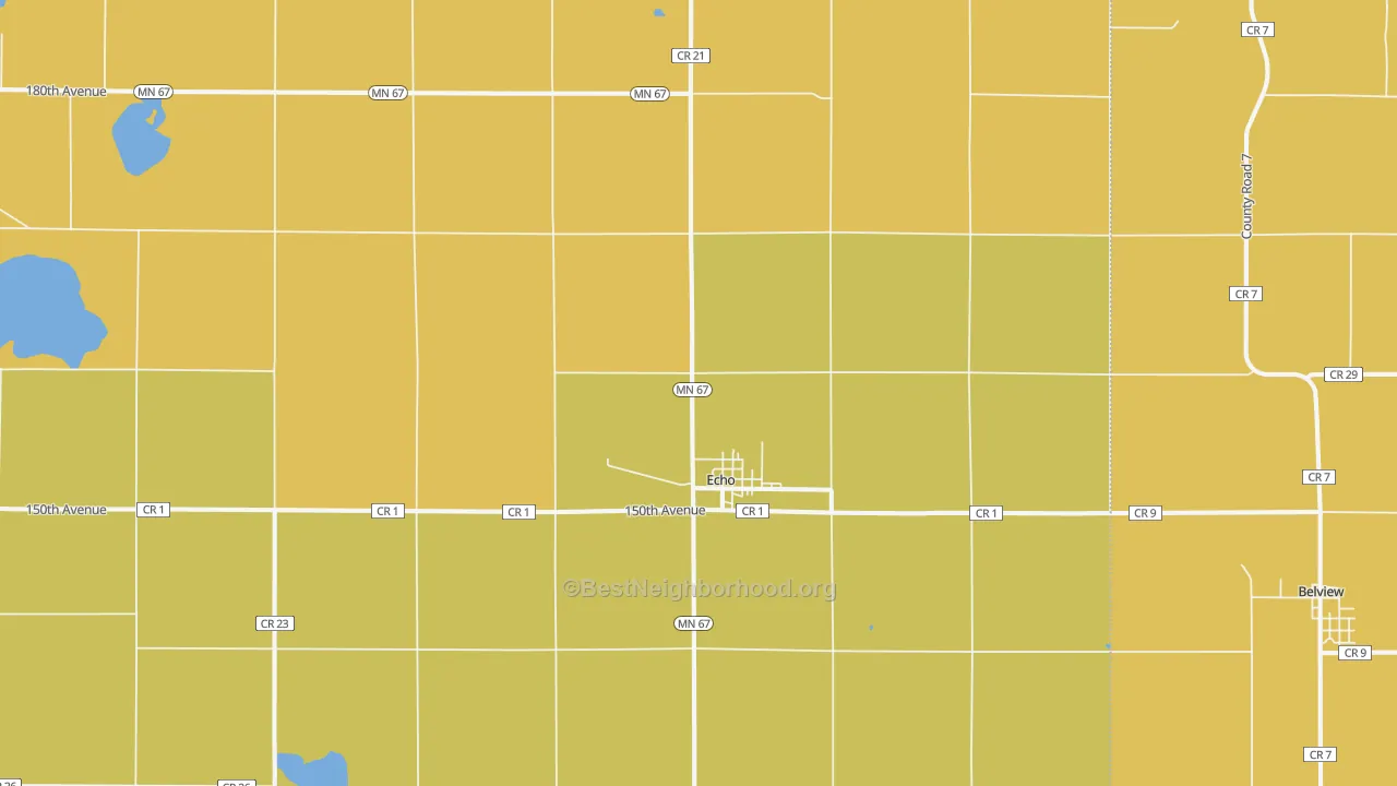 Map of the best neighborhoods in the 56237 area, with better matches in green and worse matches in red
