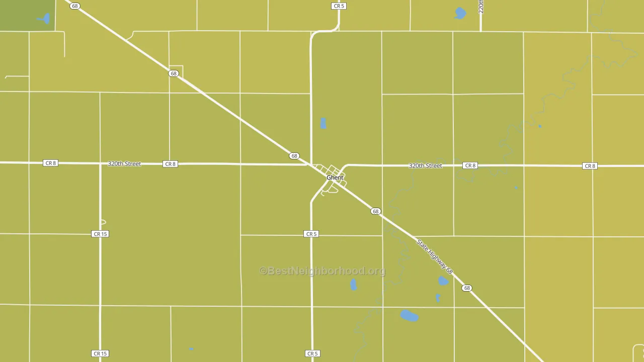 Map of the best neighborhoods in the 56239 area, with better matches in green and worse matches in red