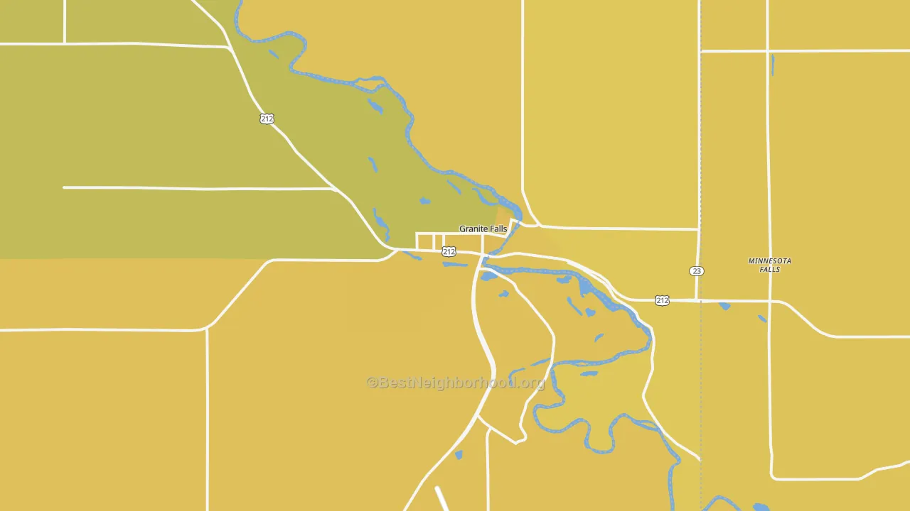 Map of the best neighborhoods in the 56241 area, with better matches in green and worse matches in red